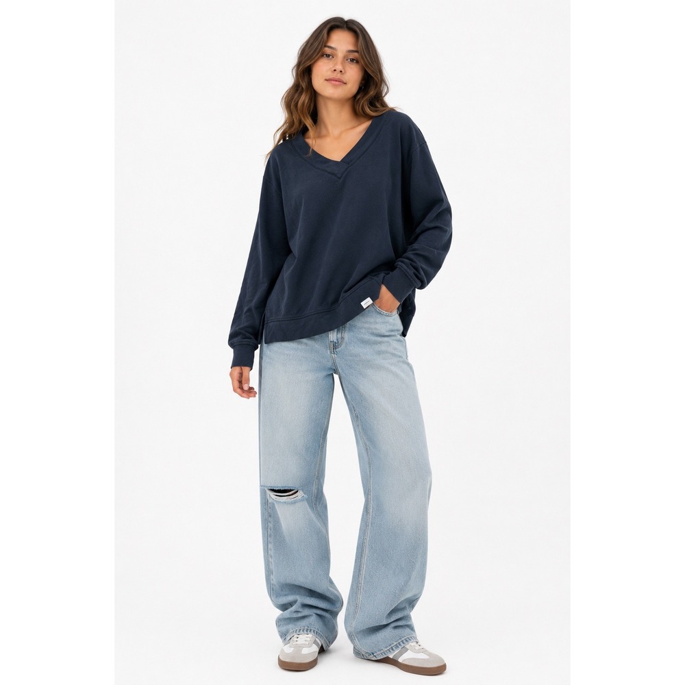Orvis V-Neck Sweatshirt Womens Large Navy Blue Modal Blend Fleece Pullover Top